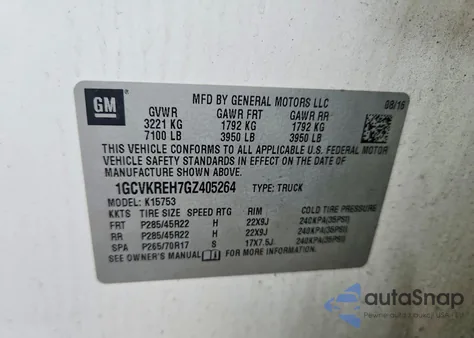 2016 Chevrolet Silverado K1500 Lt из США, поврежденный, VIN 1GCVKREH7GZ405264